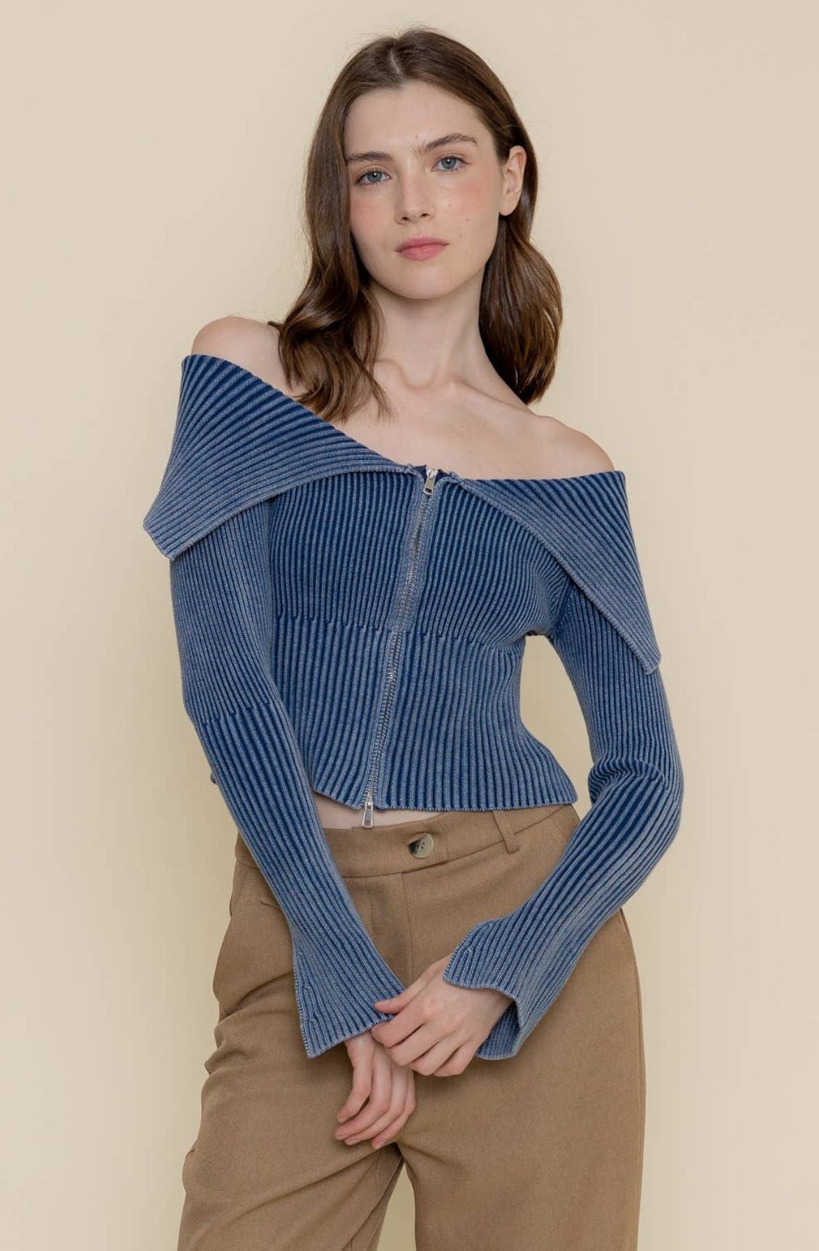 Mineral Wash Off Shoulder Zip Sweater