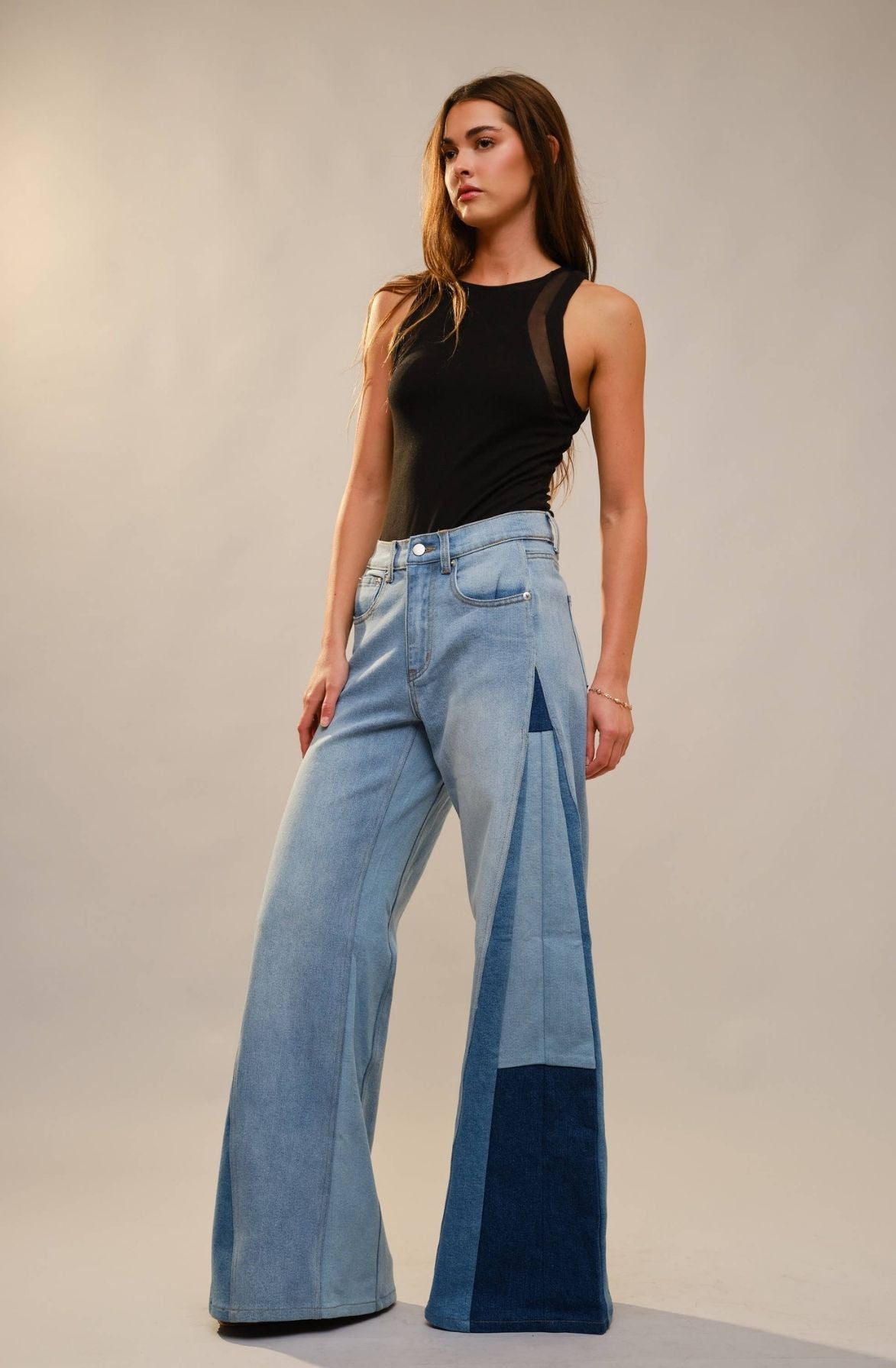 Wide Leg Color Block Jeans