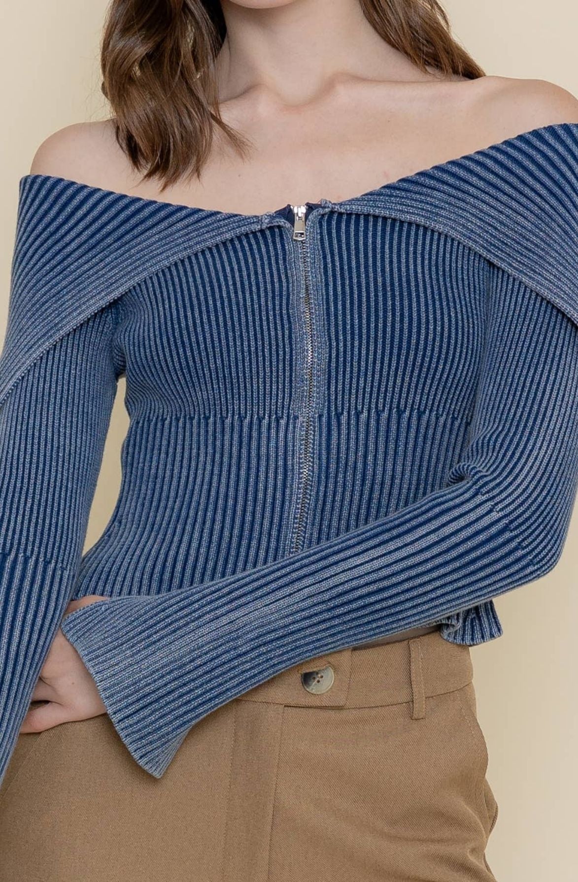 Mineral Wash Off Shoulder Zip Sweater
