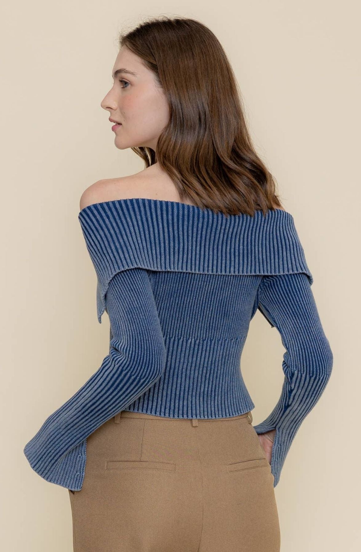 Mineral Wash Off Shoulder Zip Sweater