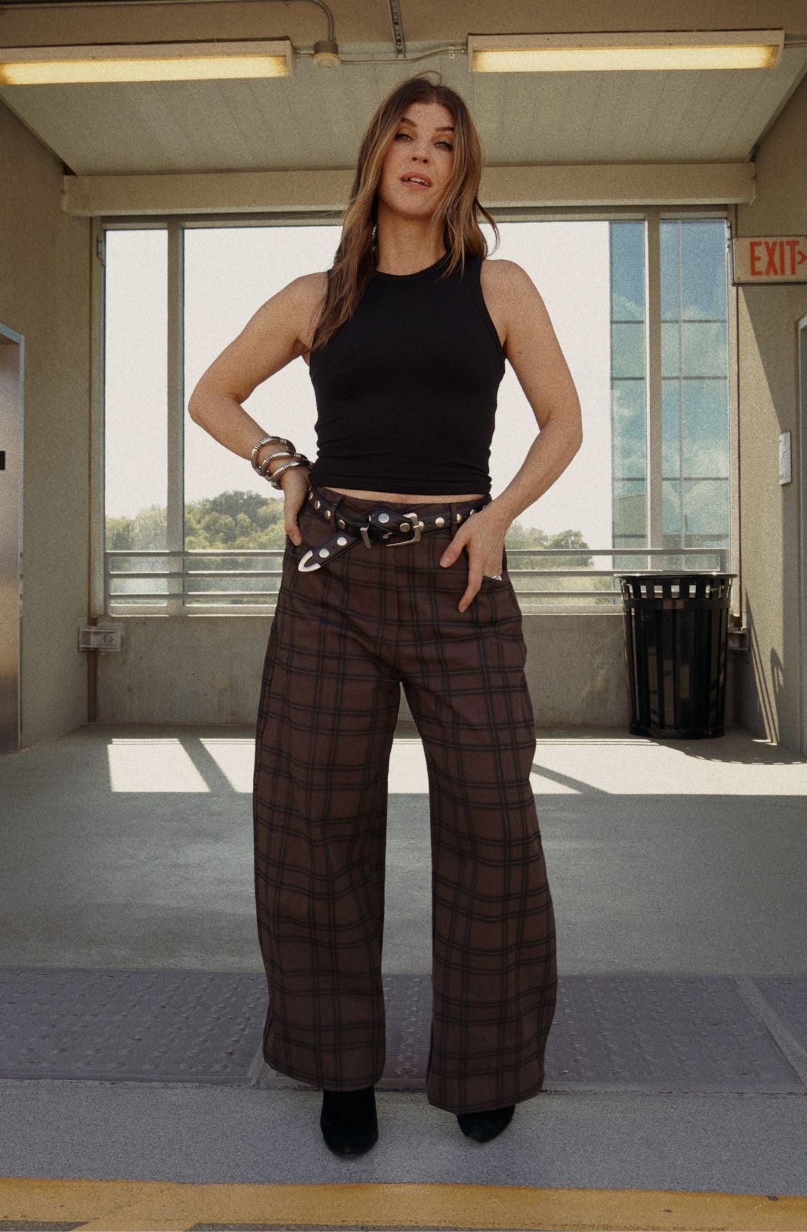 Plaid Barrel Leg Trousers