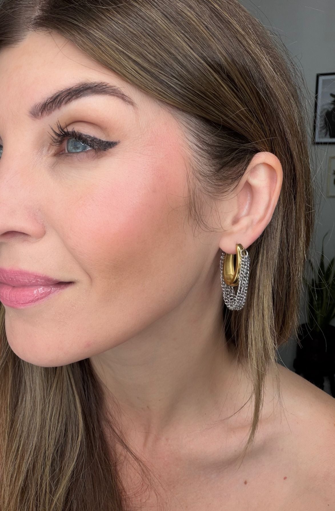 Two-Tone Gold Hoop & Draped Chain Earrings