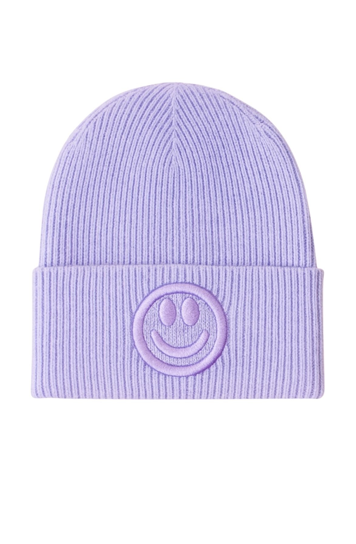 Lavender Happy Face Knit Beanie