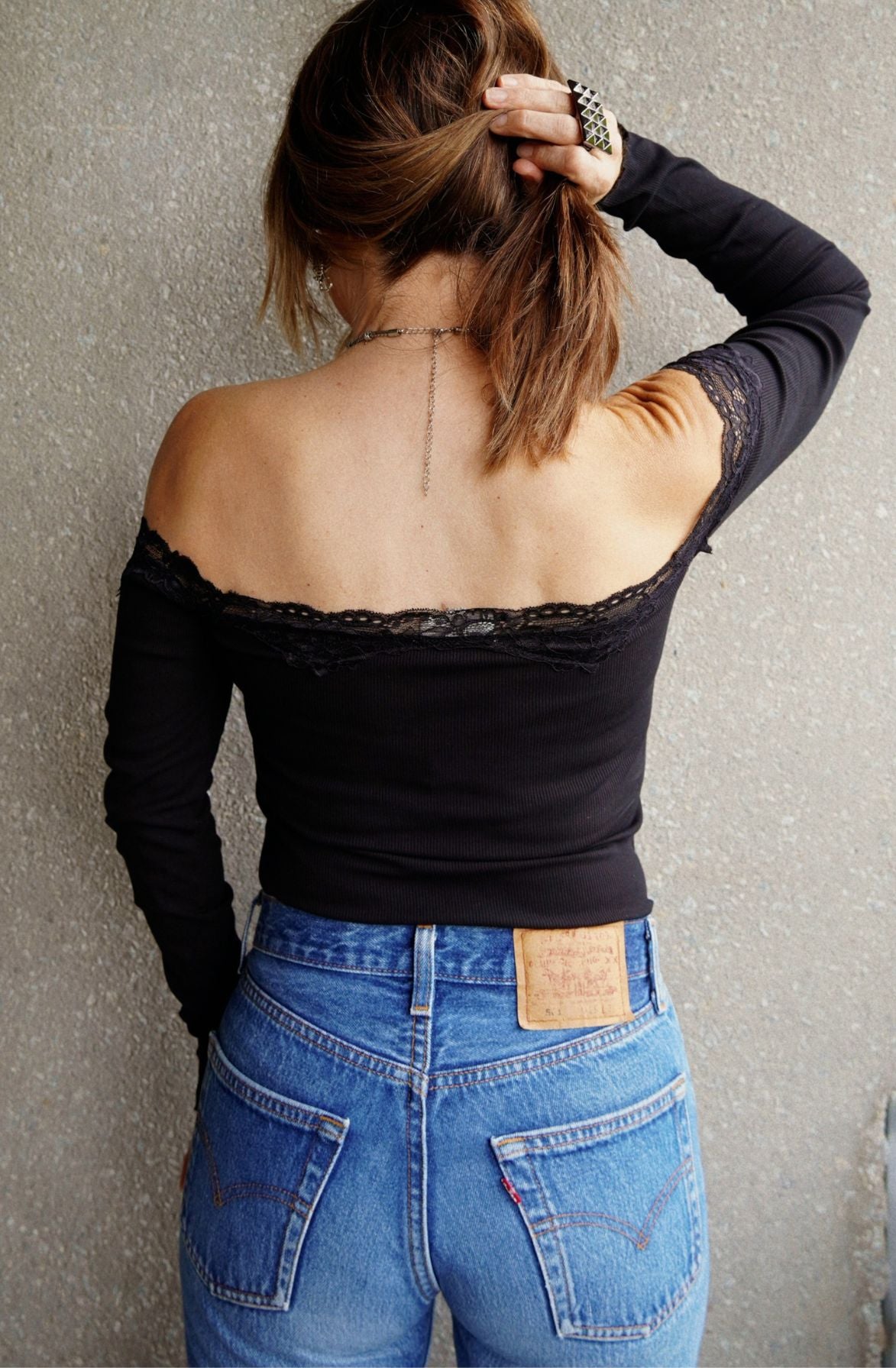 Off Shoulder Lace Trim Ribbed Top