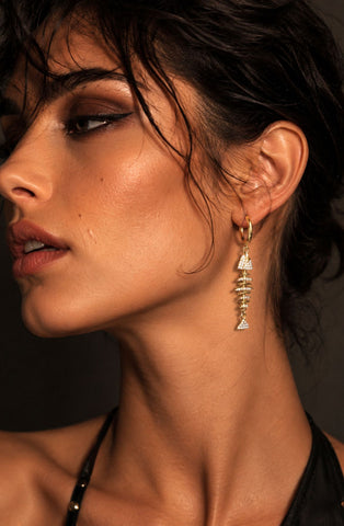 Golden Fishbone Crystal Hoop Drop Earrings