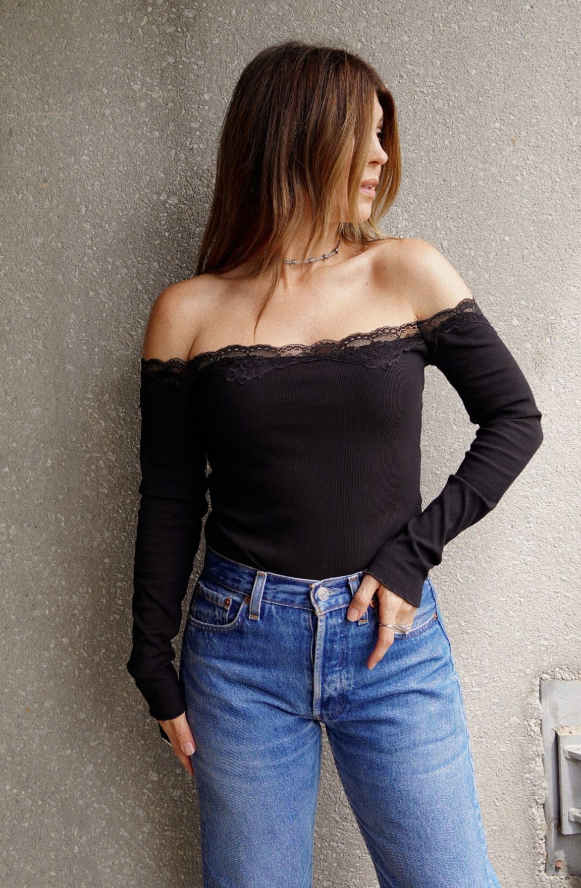 Off Shoulder Lace Trim Ribbed Top