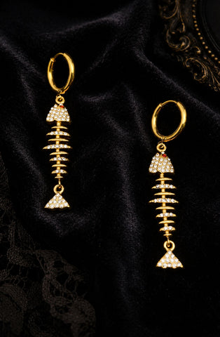 Golden Fishbone Crystal Hoop Drop Earrings